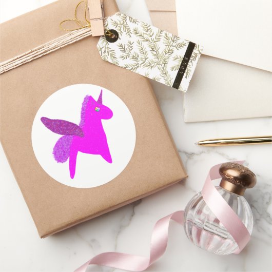 Sticker Rond Sparkly magenta unicorn glitter pegasus (Cadeaux)