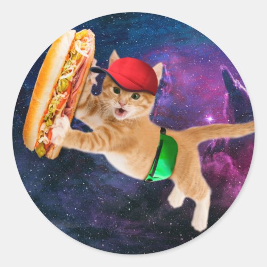 Sticker Rond Spatiale chat avec casquette et sac à dos (Devant)