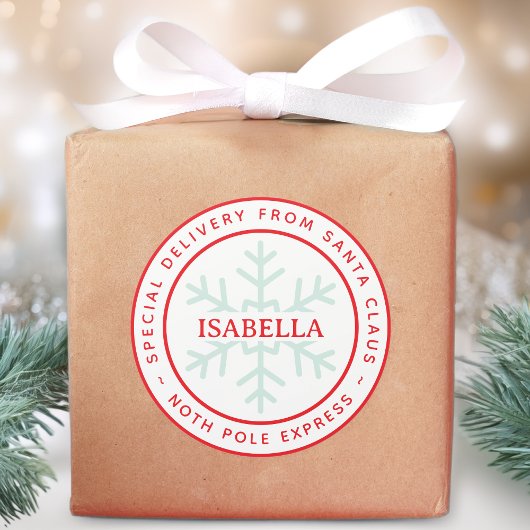 Sticker Rond Special Delivery from Santa North Pole Kid Name