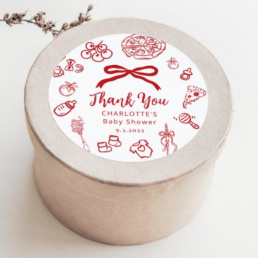Sticker Rond Special Delivery Whimsical Red Bow Baby Shower