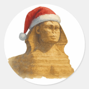 Sticker Rond Sphinx d'Égypte Chapeau de Père Noël Aquarelle Noë