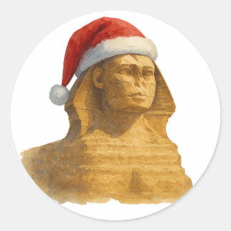 Sticker Rond Sphinx of Egypt Santa Hat Watercolor Christmas