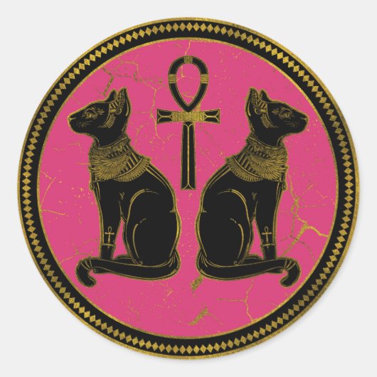 Sticker Rond Sphynx Black & Gold chat égyptien fuchsia (Devant)