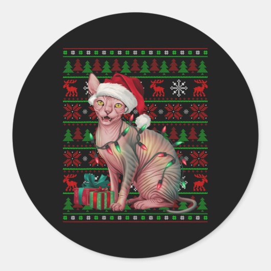 Sticker Rond Sphynx Chat Xmas Lights Vilant Santa Hat Sphynx Ch (Devant)