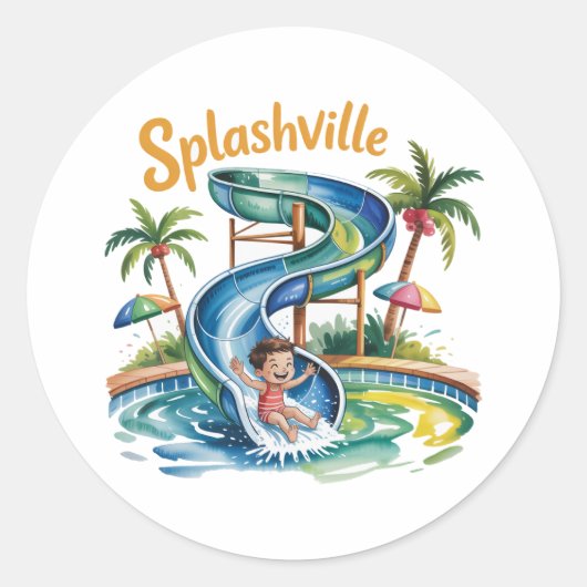 Sticker Rond Splashville Water Slide Boy Fête d'anniversaire (Devant)