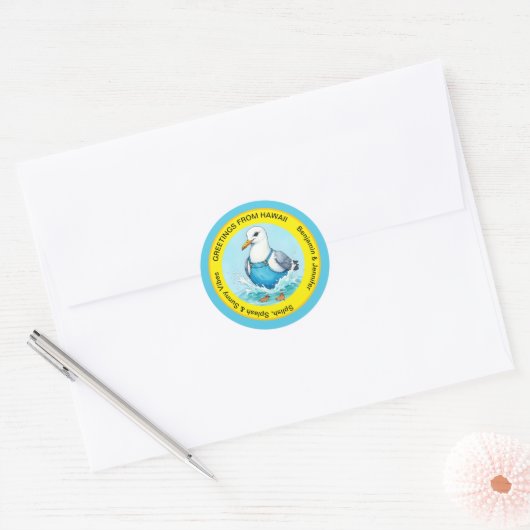 Sticker Rond Splish Splash fun Seagull summer Hawaii greetings (Enveloppe)