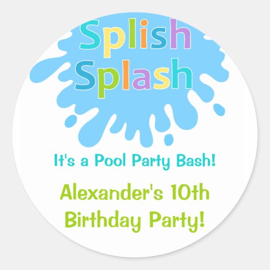 Sticker Rond Splish Splash Pool Party Garçon Anniversaire Stick (Devant)