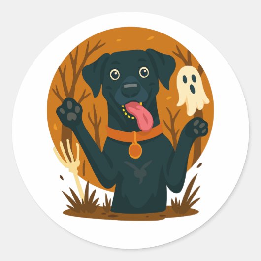 Sticker Rond Spooky Cute Black Dog with Ghost (Devant)
