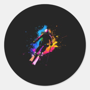 Sticker Rond Sports d'hiver Alpin Peinture Éclaboussure Skieur 
