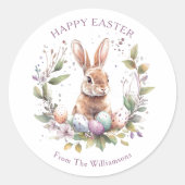 Sticker Rond Spring Bunny Easter Eggs Wreath Personalized (Devant)