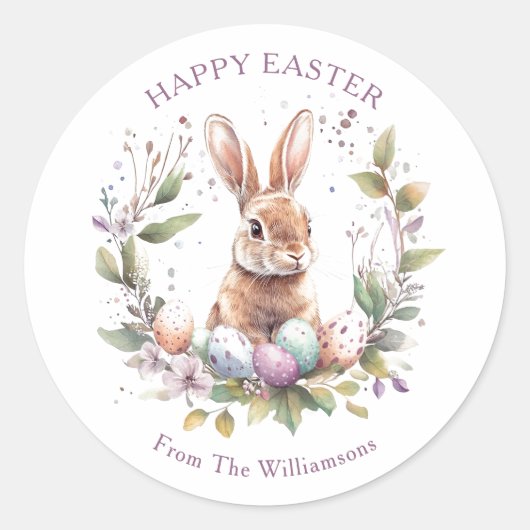 Sticker Rond Spring Bunny Easter Eggs Wreath Personalized (Devant)