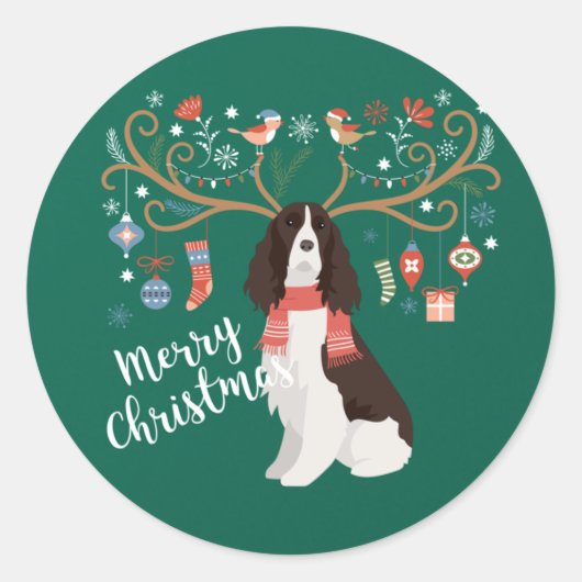 Sticker Rond Springer anglais espagnol renne de Noël chien (Devant)