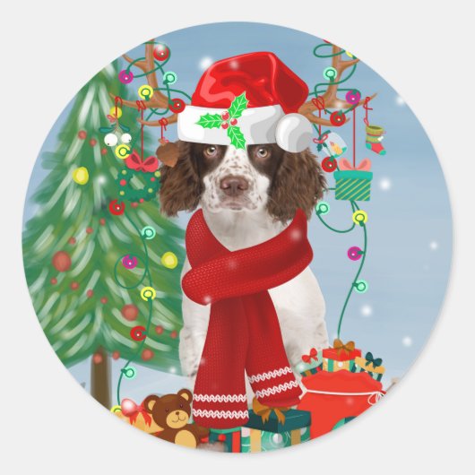 Sticker Rond Springer anglais Spaniel chien avec cadeaux de Noë (Devant)