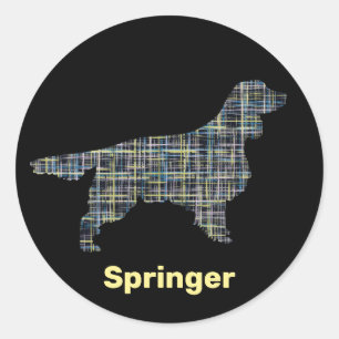 Sticker Rond Springer Spaniel Chien Jaune & Grille Noire