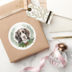 Sticker Rond Springer spaniel Noël Wreath Festive Pup