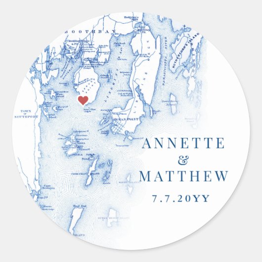 Sticker Rond Spruce Point Maine Carte Élégant Bleu Mariage Favo (Devant)