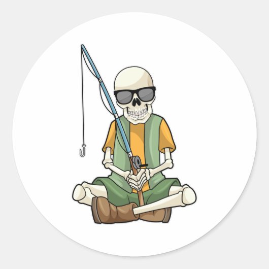 Sticker Rond Squelette à la pêche avec canne à pêche (Devant)