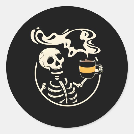 Sticker Rond Squelette Avec Crâne Souriant Boire Café (Devant)