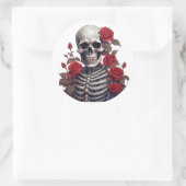Sticker Rond Squelette Avec Roses Rouges (Sac)