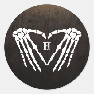 Sticker Rond Squelette Coeur Monogramme Goth Halloween Mariage