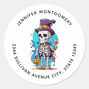Sticker Rond Squelette cool dans une adresse Halloween Hat Top