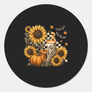 Sticker Rond Squelette de café Halloween, tournesols citrouille