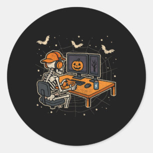 Sticker Rond Squelette de Halloween Joueur de jeu vidéo Drôle d