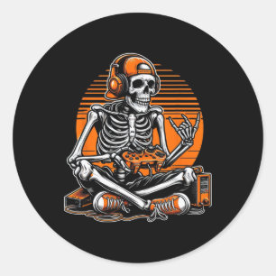 Sticker Rond Squelette de Halloween Rétro Gamer Jeux Vidéo Garç