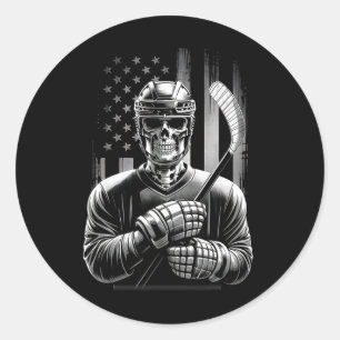 Sticker Rond Squelette de hockey américain drapeau américain Ha