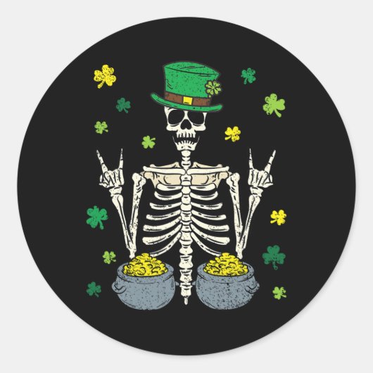 Sticker Rond Squelette de Leprechaun Saint-Patrick Trèfle Clou  (Devant)