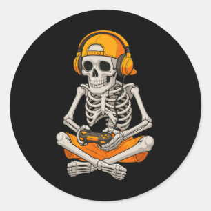 Sticker Rond Squelette d'Halloween Joueur de jeu vidéo Drôle de