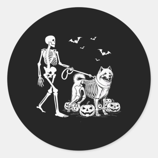 Sticker Rond Squelette d'Halloween marchant Chien Samoyé (Devant)