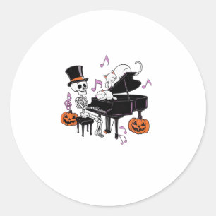 Sticker Rond Squelette effrayant jouant du piano avec des chats
