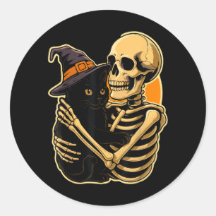 Sticker Rond Squelette étreignant un chat noir Halloween sorciè