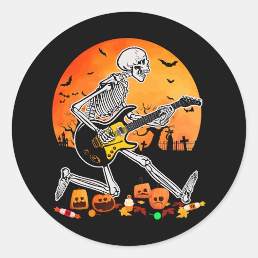 Sticker Rond Squelette Jouer Basse Guitare Halloween Electric A (Devant)