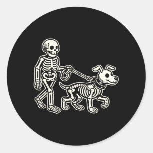 Sticker Rond Squelette menant un chien drôle de crâne animal po