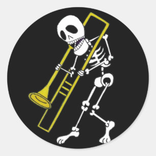 Sticker Rond Squelette musicien Trombone Player