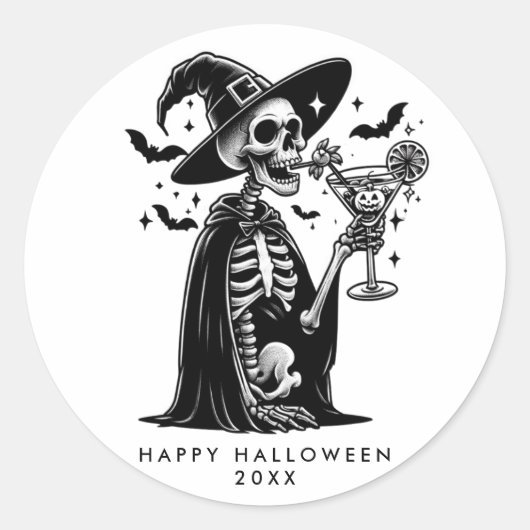 Sticker Rond Squelette noir et blanc Halloween Party (Devant)