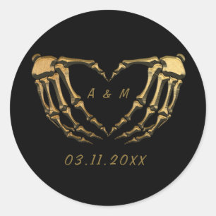 Sticker Rond Squelette Or Noir Forme De Coeur Main Gothique Amo