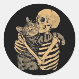 Sticker Rond Squelette qui étreint un chat – Cadeau mignon pour