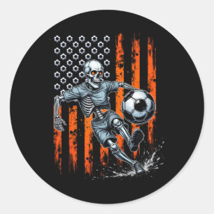 Sticker Rond Squelette Rétro Jouant Au Football Drapeau États-U