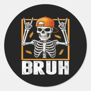 Sticker Rond Squelette Rock On Bruh Halloween Pour Hommes Garço