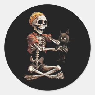 Sticker Rond Squelette tenant un Amoureux des chats Lazy Hallow