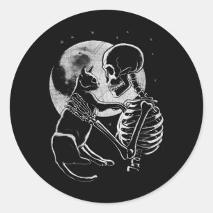 Sticker Rond Squelette tenant un chat Drôle Halloween Hommes Fe