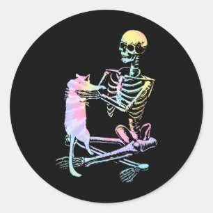 Sticker Rond Squelette tenant un chat Lazy Halloween Costume Cr