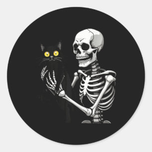 Sticker Rond Squelette tenant un chat mignonne Chat noir Hallow