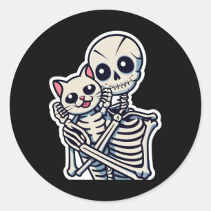 Sticker Rond Squelette tenant une chemise de chat Lazy Hallowee