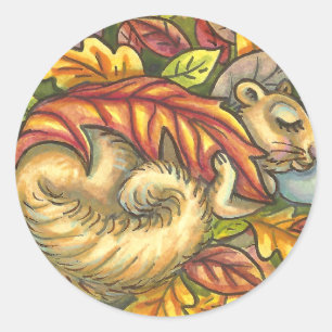 STICKER ROND SQUIRREL DORMIR SOUS LES FEUILLES DE L'AUTOMNE, SA