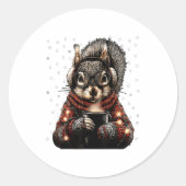 Sticker Rond Squirrel With Gles Christmas Lights Funny Coffee W (Devant)