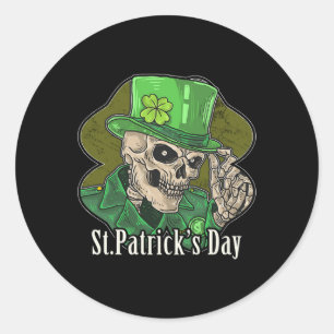 Sticker Rond St Patrick Day Skeleton Clover Fun Sarcastique